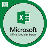 A green circle with the Microsoft Office Specialist Expert logo, representing proficiency in Microsoft Excel.