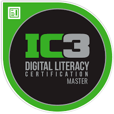 A round green and black label with the text 'IC3 Digital Literacy Certification Master' and the IC3 logo, indicating a product related to digital literacy certification.