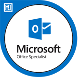 A digital product card for Microsoft Office Specialist featuring the Microsoft Outlook logo.