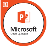 A circular orange label with the Microsoft Office Specialist logo and the text 'PowerPoint P2' indicating a certification for Microsoft PowerPoint 2019.