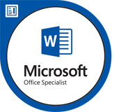 A circular blue badge featuring the Microsoft Office Specialist logo with the text 'Microsoft Office Specialist' in white font.