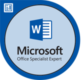 A circular blue badge featuring the Microsoft Office Specialist Expert logo and the text 'Microsoft Office Specialist Expert'.