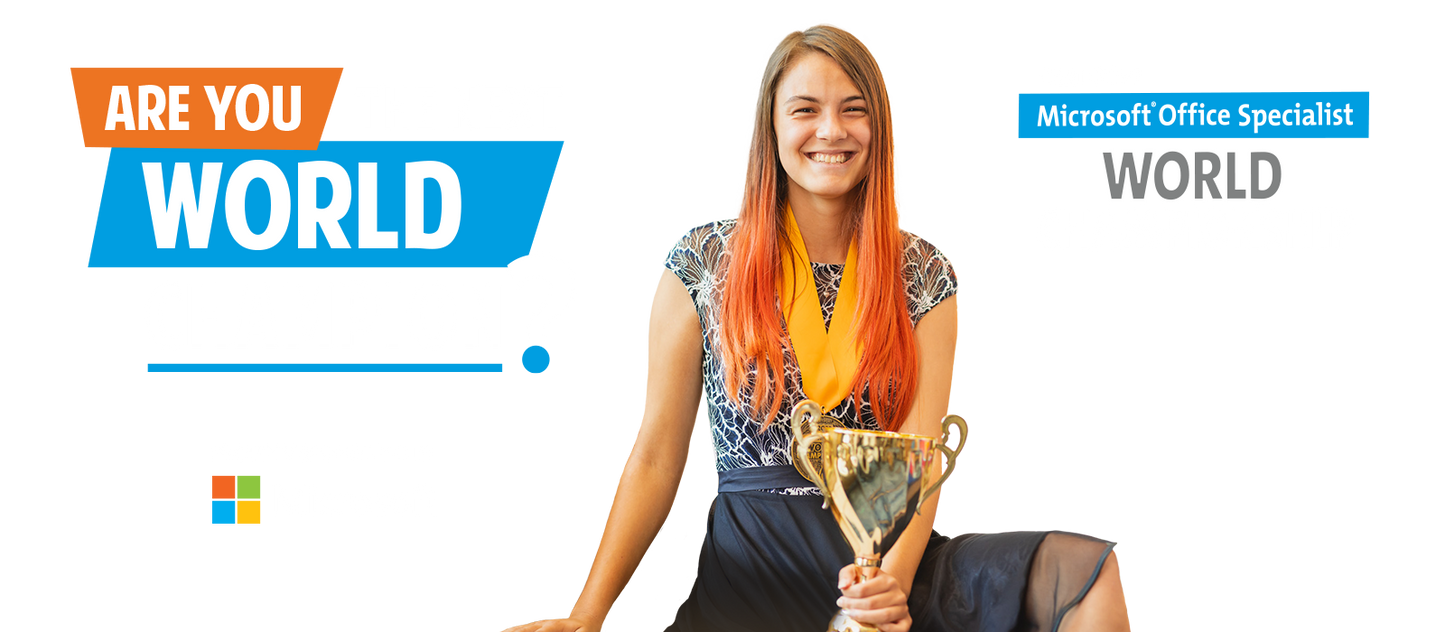 Woman holding a trophy with promotional text for Microsoft Office Specialist World on a white background