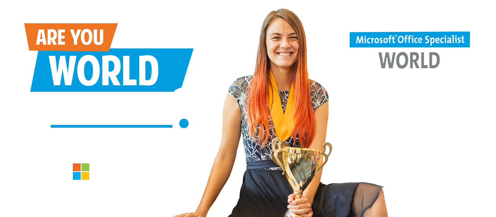 Woman holding a trophy with promotional text for Microsoft Office Specialist World on a white background