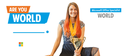 Woman holding a trophy with promotional text for Microsoft Office Specialist World on a white background