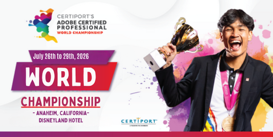 Promotional banner for Certiport's Adobe Certified Professional World Championship featuring a person holding a trophy.