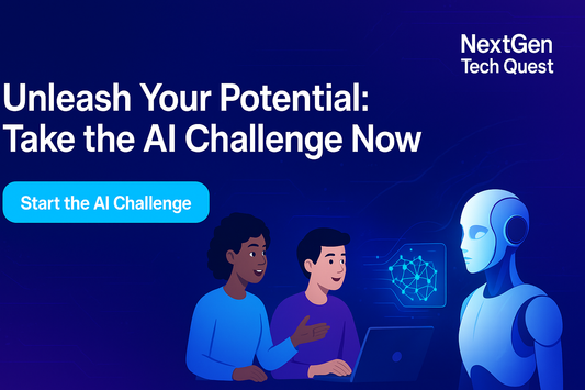Promotional banner for NextGen Tech Quest with the text 'Unleash Your Potential: Take the AI Challenge Now.' Two people interact with a laptop while a humanoid robot stands nearby, with a glowing neural network graphic in the background. A blue button reads 'Start the AI Challenge'.