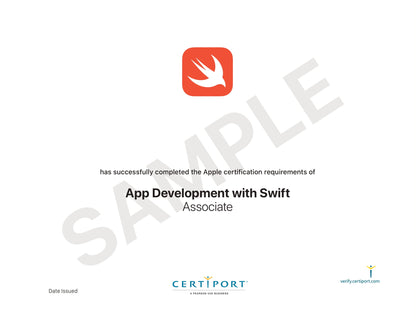 A sample certificate for "App Development with Swift Associate." At the top center is the Swift logo, a white stylized bird on an orange rounded square. 