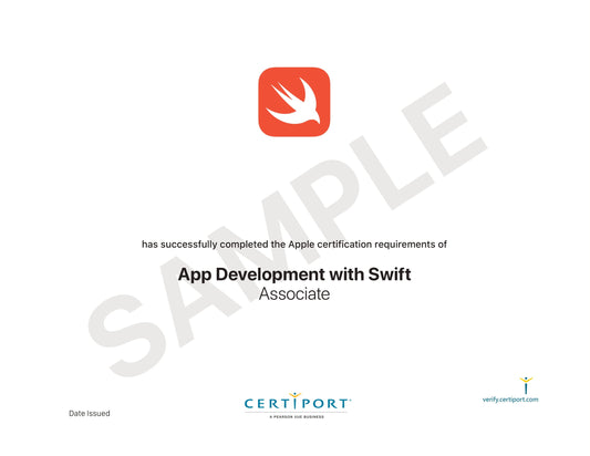 A sample certificate for "App Development with Swift Associate." At the top center is the Swift logo, a white stylized bird on an orange rounded square. 