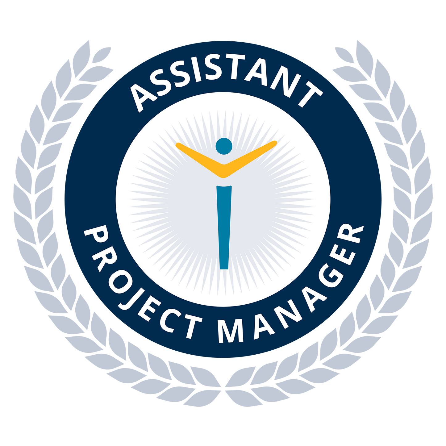 Logo for Assistant Project Manager with a stylized figure and laurel wreath on a white background
