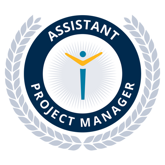 Logo for Assistant Project Manager with a stylized figure and laurel wreath on a white background