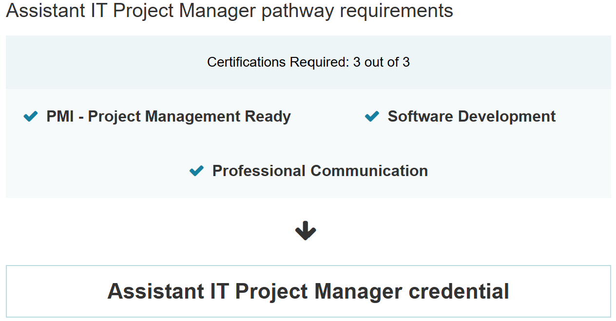 IT Project Manager pathway requirements with certifications listed on a white background
