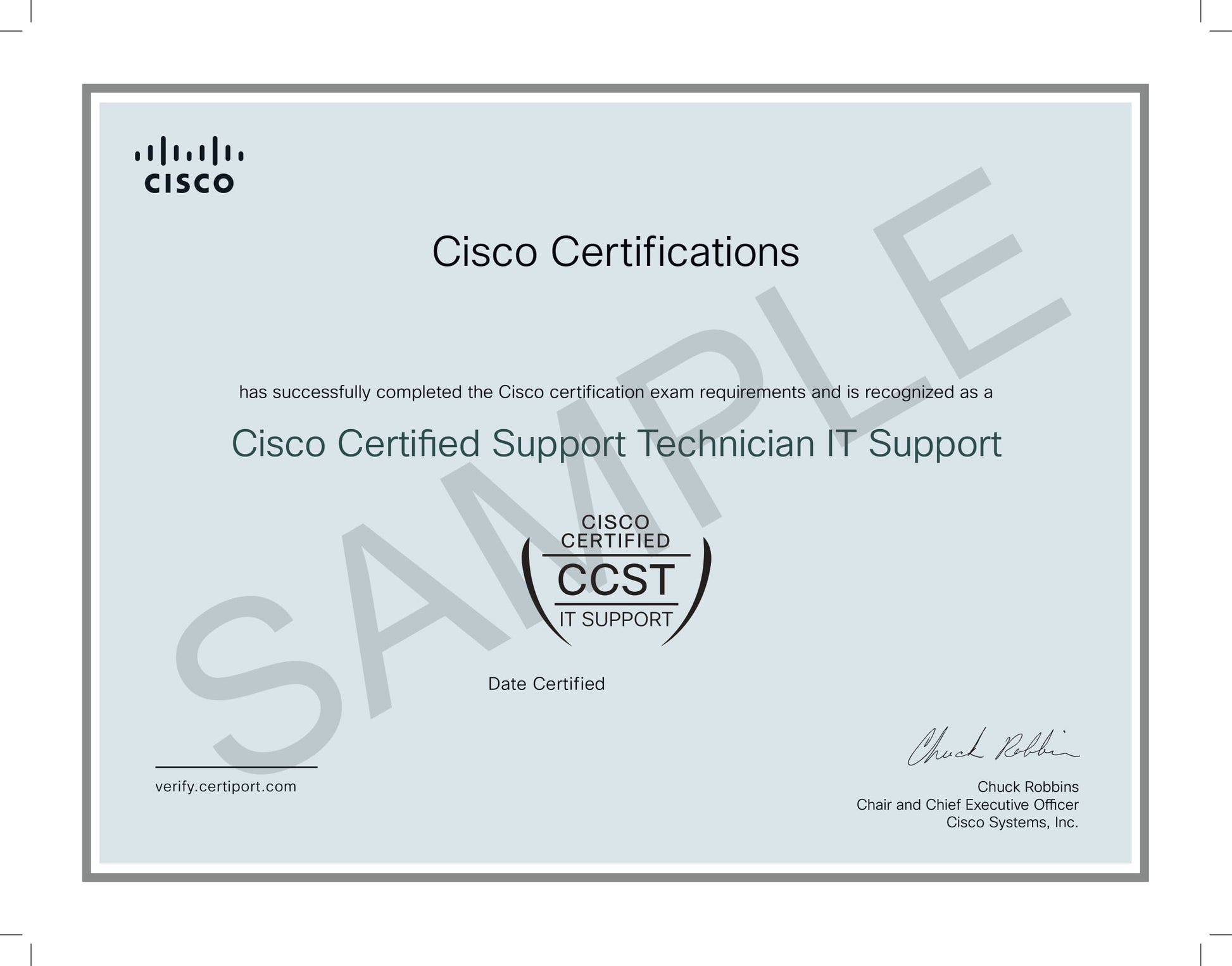Cisco Certified Support Technician IT Support certificate with Cisco logo