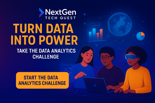 NextGen Tech Quest promotional banner with the headline 'The Ultimate IT Specialist Challenge – Certify in AI, Cybersecurity and Data Analysis', illustration of three people collaborating on a laptop with digital icons of a brain, shield, check mark, and padlock, and a yellow button reading 'Take the Challenge'.
