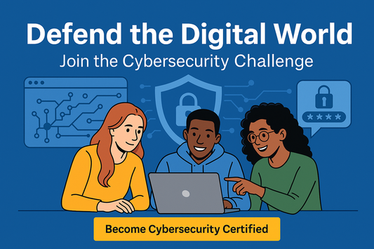 Three diverse students collaborating on a laptop with cybersecurity icons in the background, promoting the Cybersecurity Challenge with the text 'Defend the Digital World – Join the Cybersecurity Challenge' and a yellow button reading 'Become Cybersecurity Certified'.