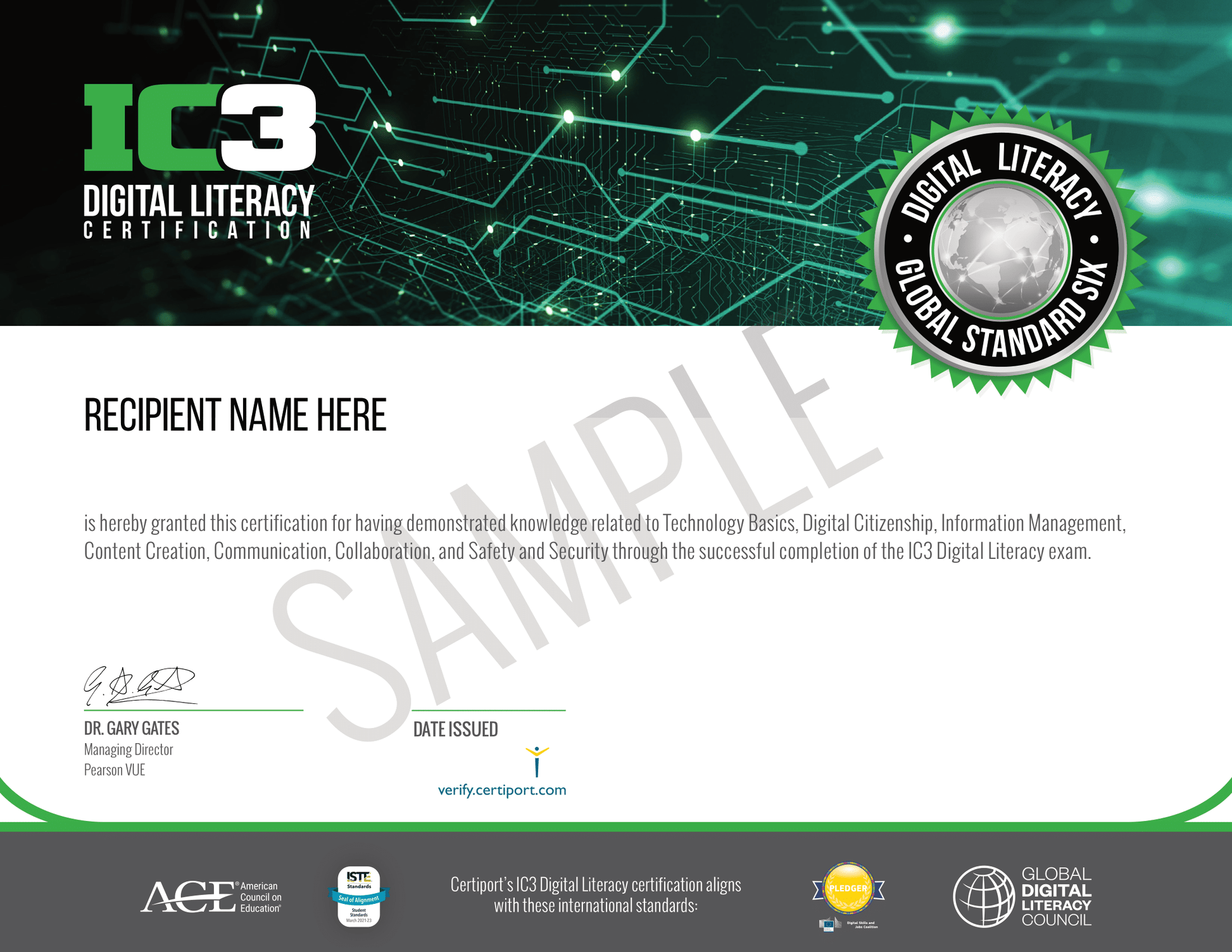 IC3 Digital Literacy Certification sample with digital circuit background