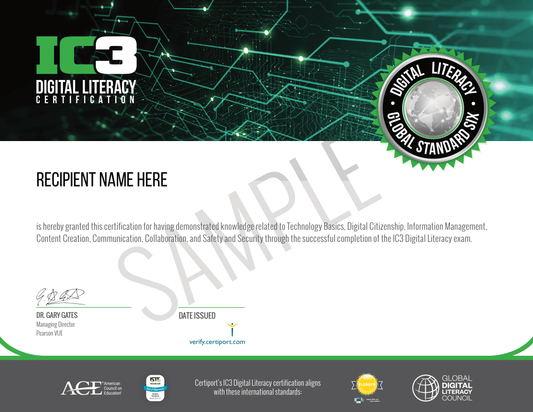 IC3 Digital Literacy Certification sample with digital circuit background