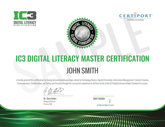  A sample certificate for the IC3 Digital Literacy Master Certification.