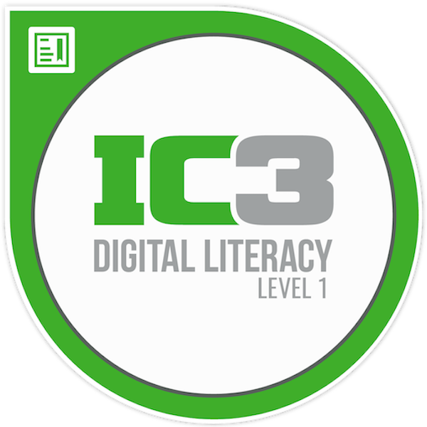 IC3 Digital Literacy Level 1 logo with green and gray design on a white background