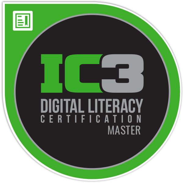 IC3 Digital Literacy Certification Master logo with green and gray design on a black background