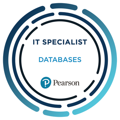 Pearson IT Specialist certification badge for Databases, featuring a blue circular design with text in the center.