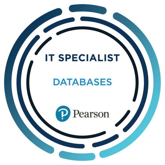 Pearson IT Specialist certification badge for Databases, featuring a blue circular design with text in the center.