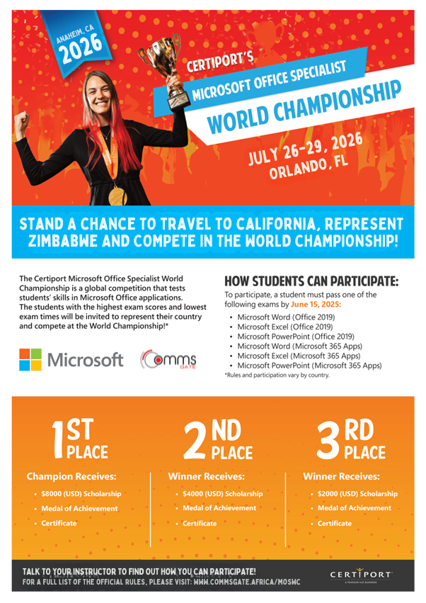 Advertisement for Certiport's Microsoft Office Specialist World Championship with a woman holding a trophy.