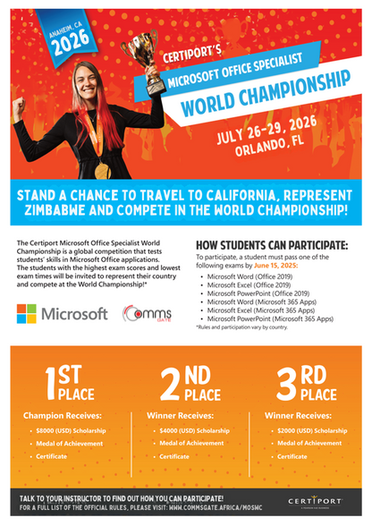 Advertisement for Certiport's Microsoft Office Specialist World Championship with a woman holding a trophy.