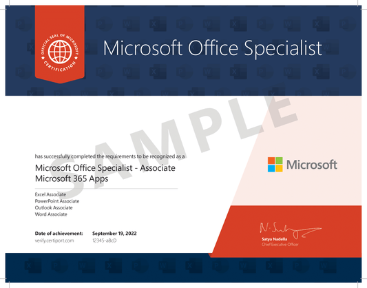 A sample certificate for "Microsoft Office Specialist - Associate, Microsoft 365 Apps." The certificate features the Microsoft logo, a blue and orange design, and a signature from Satya Nadella, Chief Executive Officer. It lists the achievement date as September 19, 2022, and includes the certification areas: Excel Associate, PowerPoint Associate, Outlook Associate, and Word Associate. The word "SAMPLE" is watermarked across the certificate.