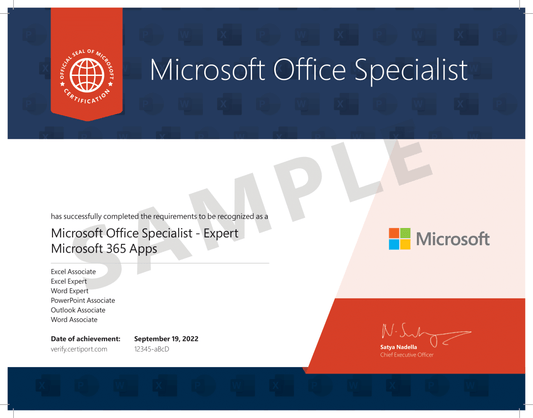 A sample certificate titled "Microsoft Office Specialist." The certificate recognizes completion as a "Microsoft Office Specialist - Expert, Microsoft 365 Apps." It lists Excel Associate, Excel Expert, Word Expert, PowerPoint Associate, Outlook Associate, and Word Associate. The certificate features the Microsoft logo, a signature from Satya Nadella (Chief Executive Officer), a red and blue design, and a large "SAMPLE" watermark across the center. The date of achievement is September 19, 2022.