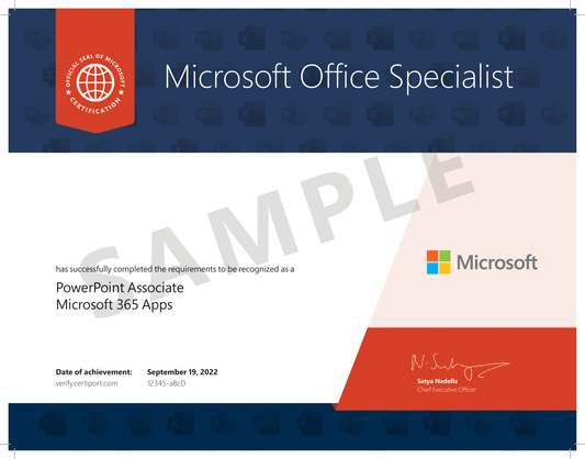 A sample certificate titled "Microsoft Office Specialist." The certificate recognizes completion as a "PowerPoint Associate, Microsoft 365 Apps." It features the Microsoft logo, a signature from Satya Nadella (Chief Executive Officer), a red and blue design, and a large "SAMPLE" watermark across the center. The date of achievement is September 19, 2022.