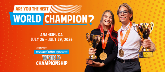 Two people holding trophies with promotional text for a Microsoft Office Specialist World Championship event in Anaheim, CA.