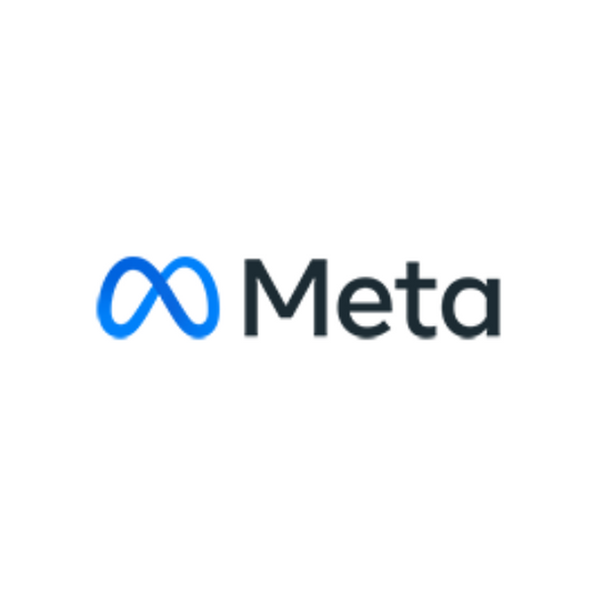 Meta logo with blue and black design on a white background