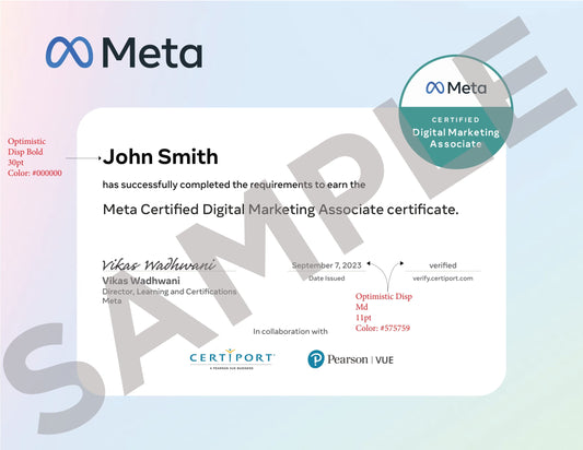 Meta Certified Digital Marketing Associate certificate with Meta logo on a light blue background