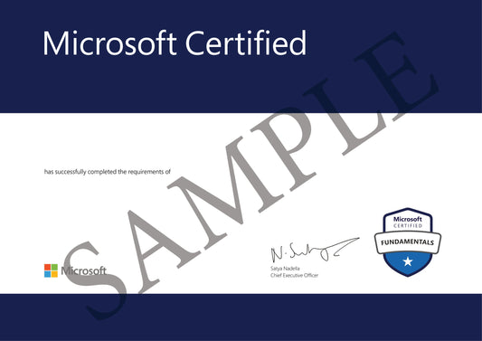 Microsoft Certified badge with 'Sample' text on a blue background
