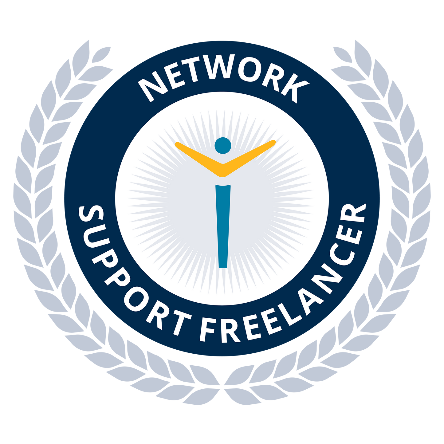 Logo with 'Network Support Freelancer' text and a stylized figure in the center, surrounded by laurels.