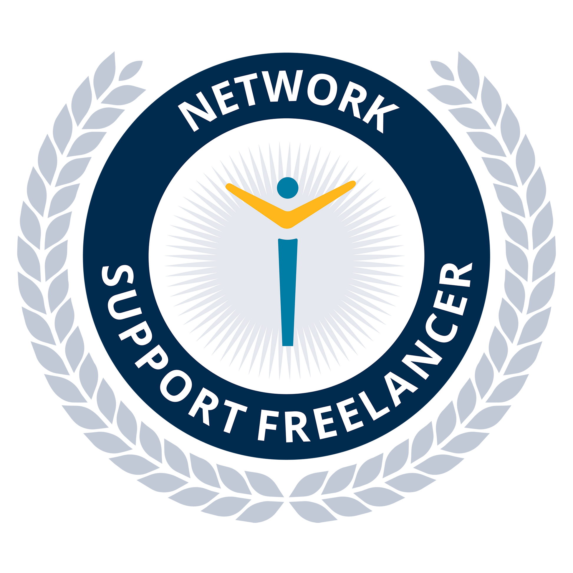 Logo with 'Network Support Freelancer' text and a stylized figure in the center, surrounded by laurels.