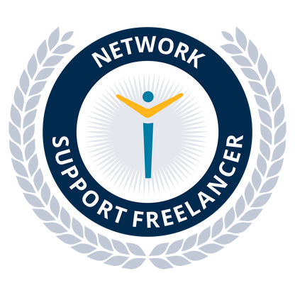 Logo with 'Network Support Freelancer' text and a stylized figure in the center, surrounded by laurels.