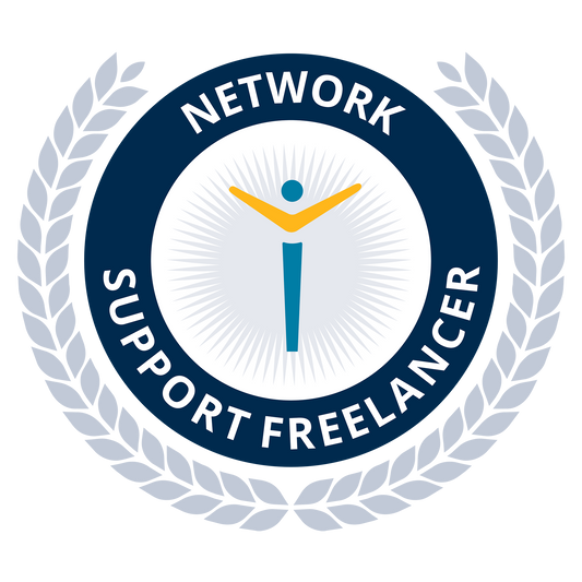 Logo with 'Network Support Freelancer' text and a stylized figure in the center, surrounded by laurels.