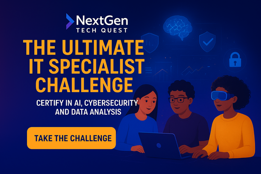 NextGen Tech Quest promotional banner with the headline 'The Ultimate IT Specialist Challenge – Certify in AI, Cybersecurity and Data Analysis', illustration of three people collaborating on a laptop with digital icons of a brain, shield, check mark, and padlock, and a yellow button reading 'Take the Challenge'.