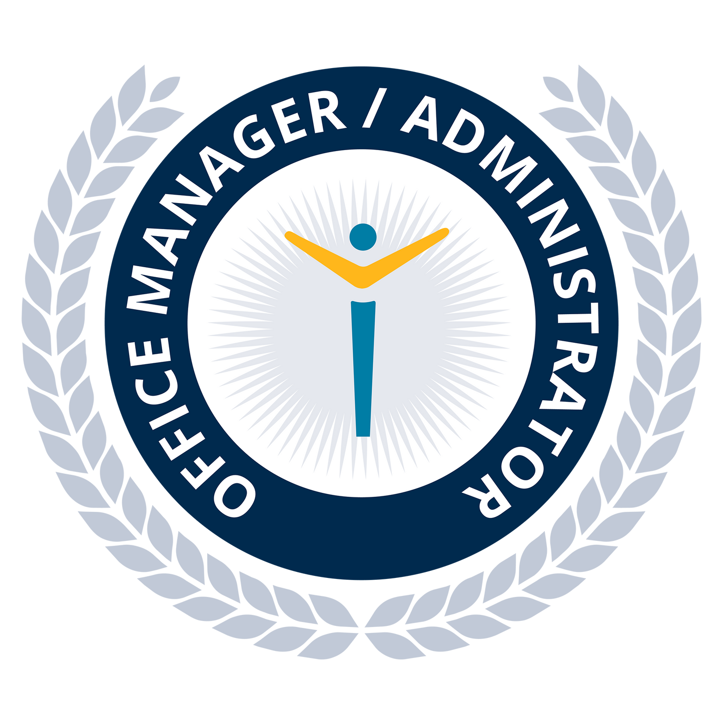 Logo for Office Manager/Administrator with a stylized figure and laurel wreath on a white background