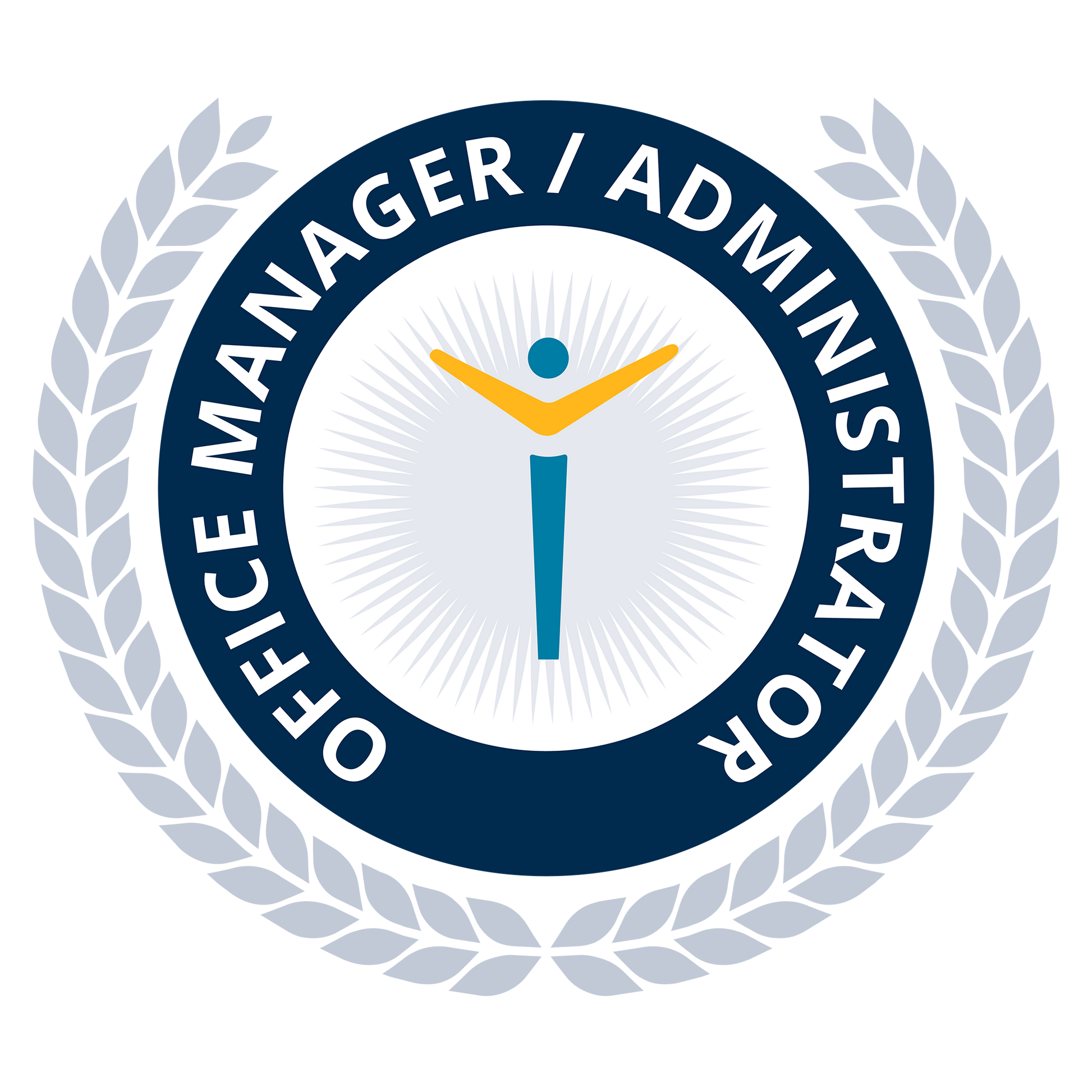 Logo for Office Manager/Administrator with a stylized figure and laurel wreath on a white background