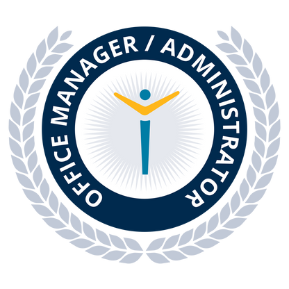 Logo for Office Manager/Administrator with a stylized figure and laurel wreath on a white background