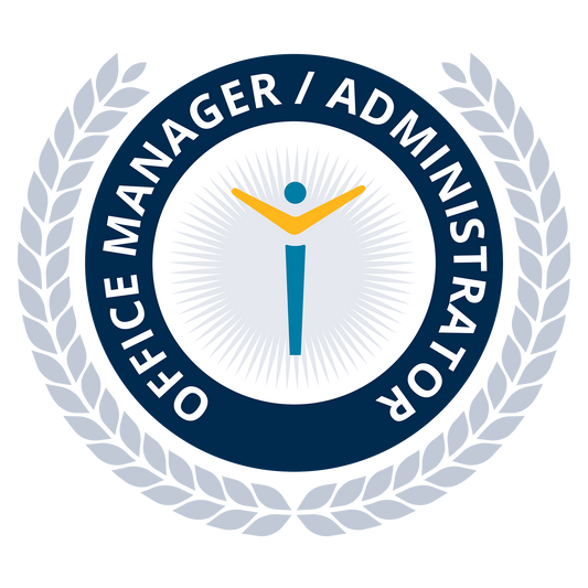 Logo for Office Manager/Administrator with a stylized figure and laurel wreath on a white background