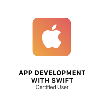 Promotional image featuring the Apple logo with a gradient of orange and red, and text that reads 'APP DEVELOPMENT WITH SWIFT CERTIFIED USER'.