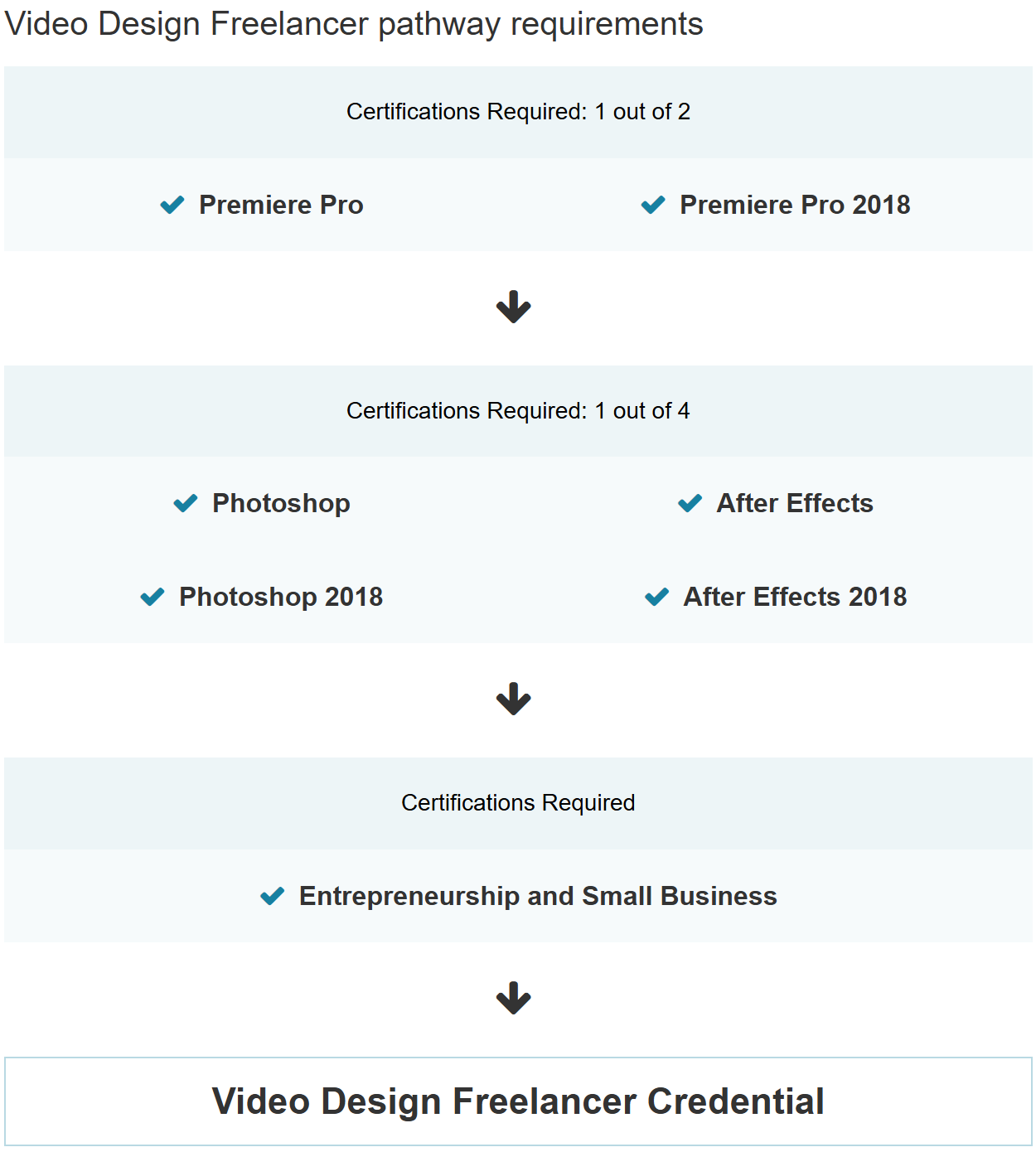 Flowchart detailing video design freelancer pathway requirements with certification checkmarks.