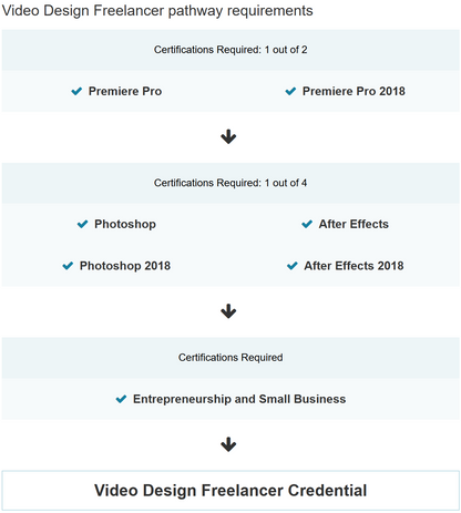 Flowchart detailing video design freelancer pathway requirements with certification checkmarks.