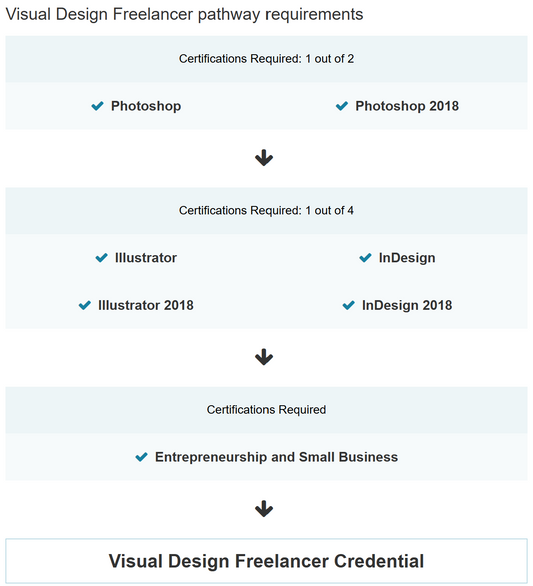 Visual design freelancer pathway requirements with certification checkmarks.