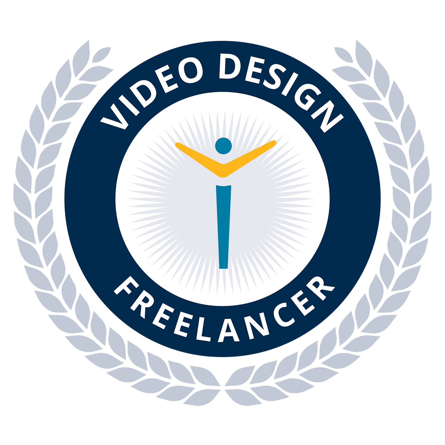 Logo for a video design freelancer with a stylized person and laurel wreath on a white background