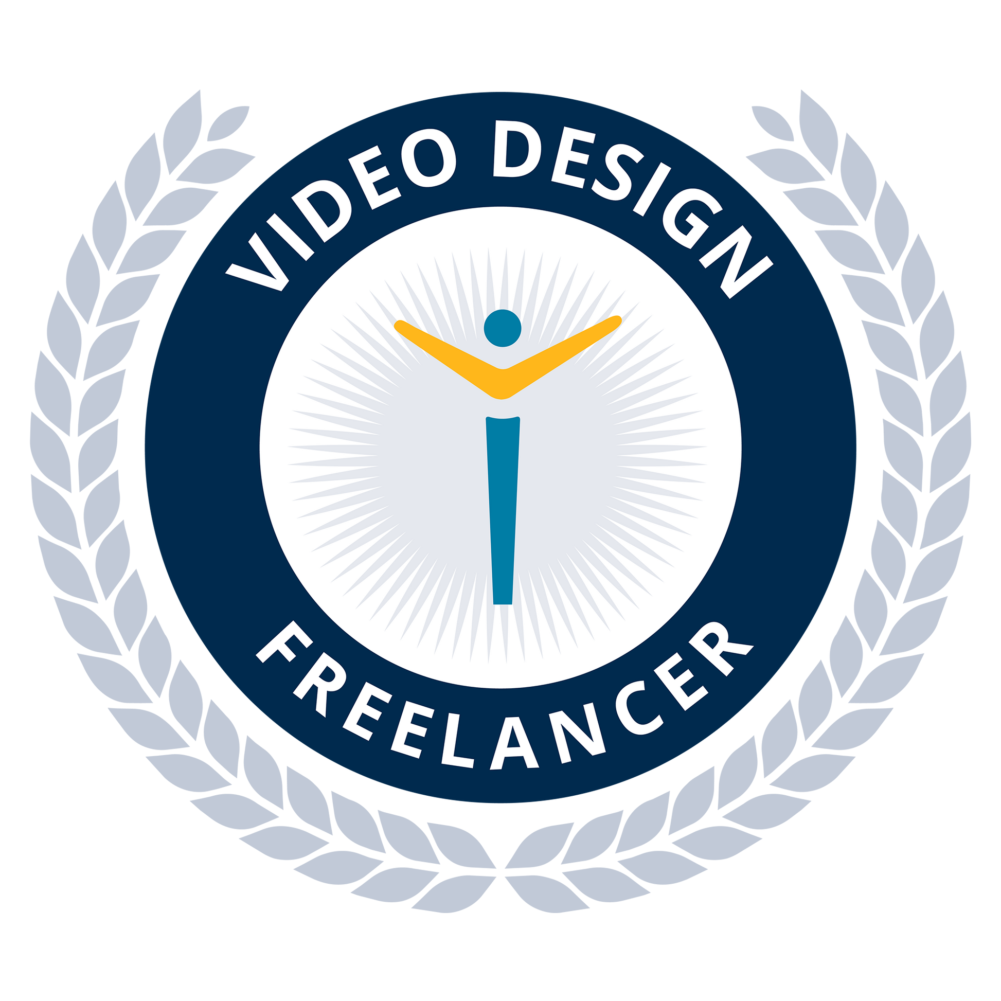 Logo for a video design freelancer with a stylized person and laurel wreath on a white background